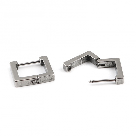 Picture of 304 Stainless Steel Hoop Earrings Silver Tone Rectangle 15mm x 13mm, Post/ Wire Size: (19 gauge), 2 Pairs