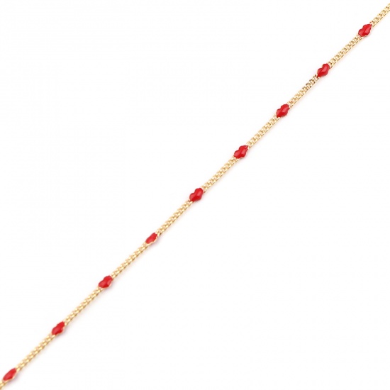 Immagine di Ottone Smalto Catena Singolare Accessori Cuore Oro Placcato Rosso 7x2mm, 1 M                                                                                                                                                                                  