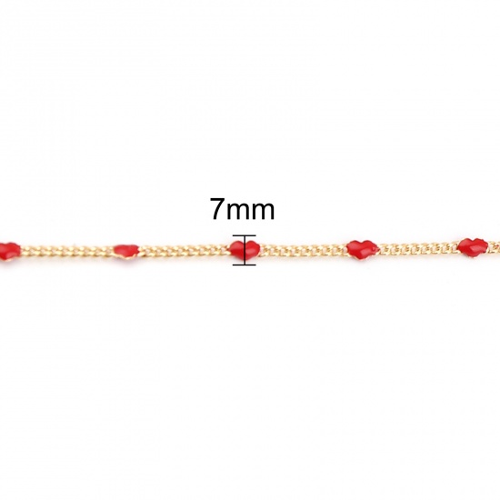 Immagine di Ottone Smalto Catena Singolare Accessori Cuore Oro Placcato Rosso 7x2mm, 1 M                                                                                                                                                                                  