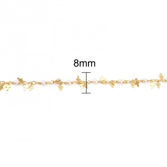 Picture of Brass & Acrylic Religious Imitation Pearl Link Chain Findings Cross Gold Plated White 8x4mm, 1 M                                                                                                                                                              