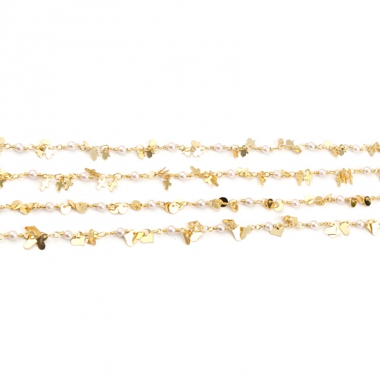Picture of Brass & Acrylic Religious Imitation Pearl Link Chain Findings Cross Gold Plated White 8x4mm, 1 M                                                                                                                                                              