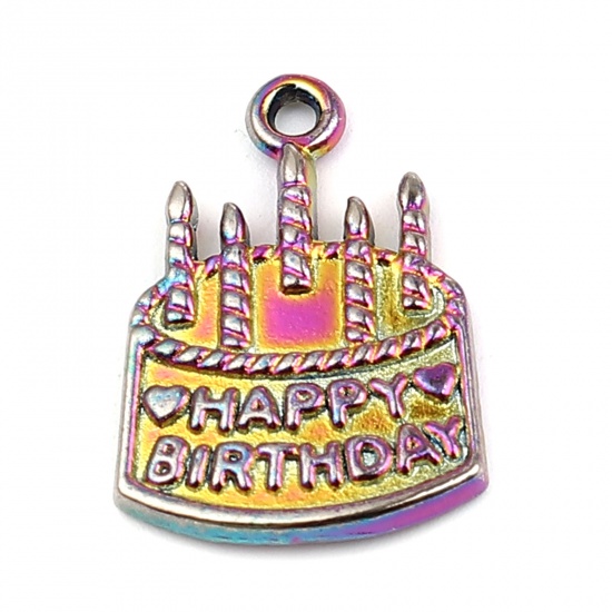 Immagine di Lega di Zinco Charms Torta Colore Arcobaleno Placcato Lettere " HAPPY BIRTHDAY " 22mm x 15mm , 10 Pz