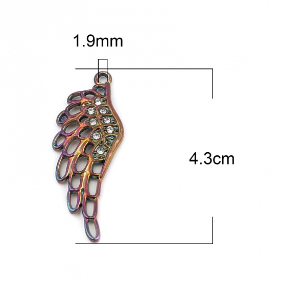 Immagine di Lega di Zinco Ciondoli Ali Colore Arcobaleno Placcato Trasparente Strass 43mm x 16mm , 5 Pz