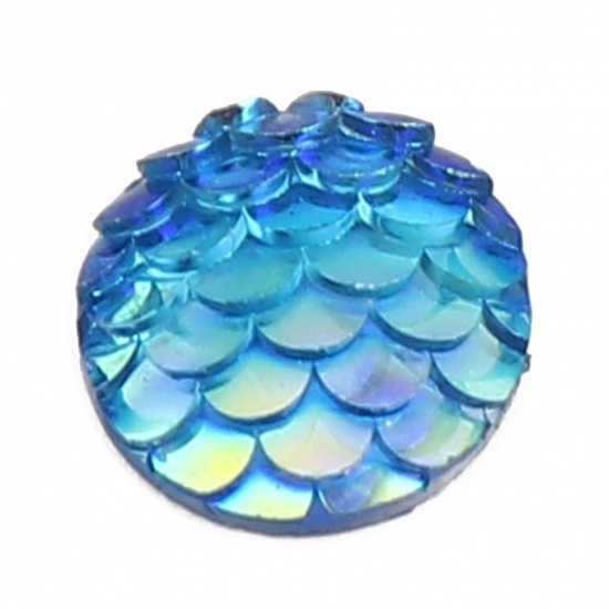 Picture of Resin Mermaid Fish/ Dragon Scale Embellishments Round Blue Fish Scale Pattern AB Color 12mm Dia., 100 PCs