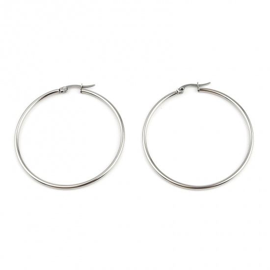 Picture of Stainless Steel Hoop Earrings Silver Tone Circle Ring 50mm Dia., Post/ Wire Size: (19 gauge), 5 Pairs