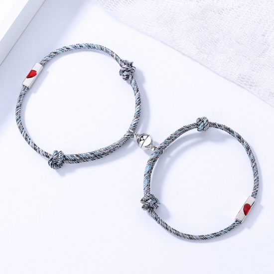 Picture of Copper Braiding Braided Bracelets Accessories Findings Distance Silver Tone Red & Blue Heart Magnetic 1 Set ( 2 PCs/Set)