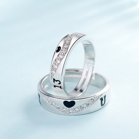 Picture of Brass Distance Open Adjustable Women Rings Platinum Color Enamel Circle Ring Heart Clear Rhinestone 1 Piece                                                                                                                                                   