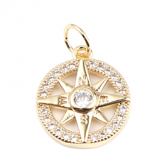 Immagine di Ottone Galassia Charms 18K Vero Oro Placcato Tondo Stella Micro Spianare Trasparente Strass 19mm x 13mm, 2 Pz