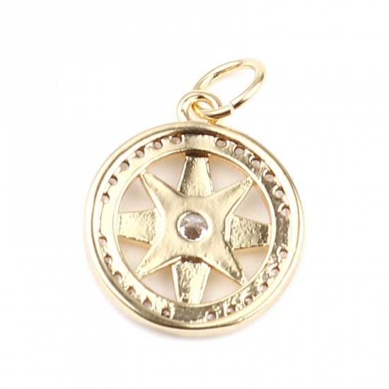Immagine di Ottone Galassia Charms 18K Vero Oro Placcato Tondo Stella Micro Spianare Trasparente Strass 19mm x 13mm, 2 Pz