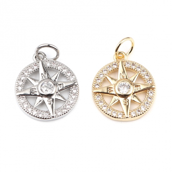 Immagine di Ottone Galassia Charms 18K Vero Oro Placcato Tondo Stella Micro Spianare Trasparente Strass 19mm x 13mm, 2 Pz