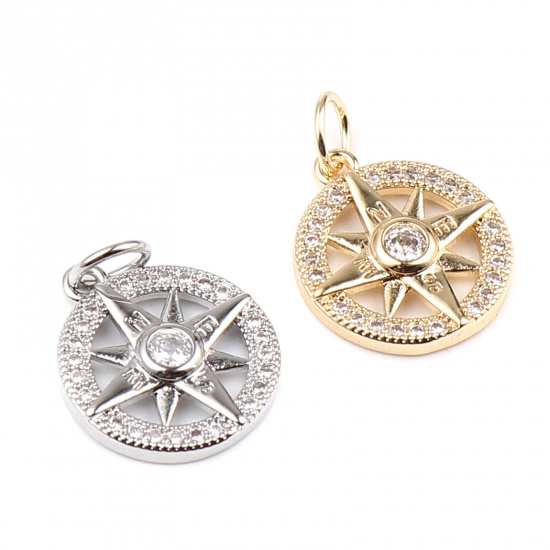 Immagine di Ottone Galassia Charms 18K Vero Oro Placcato Tondo Stella Micro Spianare Trasparente Strass 19mm x 13mm, 2 Pz