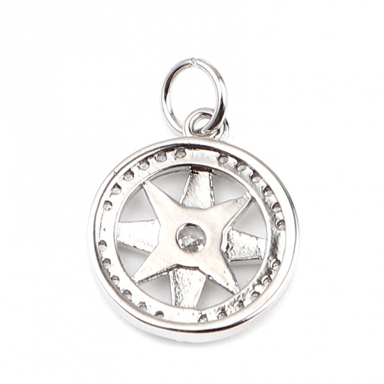 Immagine di Ottone Galassia Charms 18K Vero Platino Placcato Tondo Stella Micro Spianare Trasparente Strass 19mm x 13mm, 2 Pz