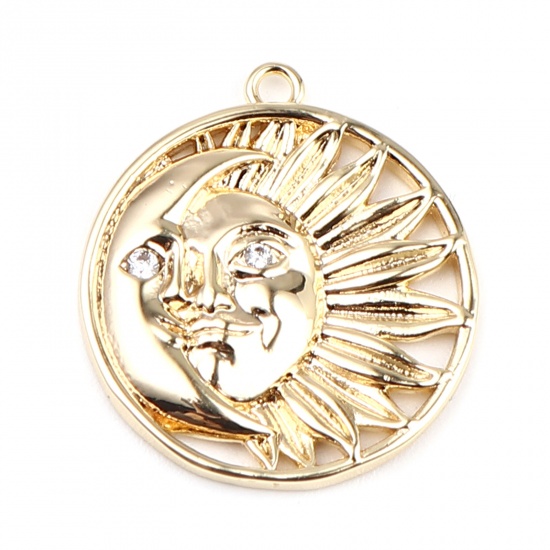 Picture of Brass Galaxy Charms 18K Real Gold Plated Round Sun Face Clear Rhinestone 21mm x 19mm, 2 PCs