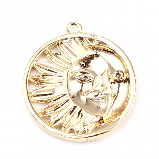 Picture of Brass Galaxy Charms 18K Real Gold Plated Round Sun Face Clear Rhinestone 21mm x 19mm, 2 PCs