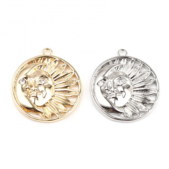 Picture of Brass Galaxy Charms 18K Real Gold Plated Round Sun Face Clear Rhinestone 21mm x 19mm, 2 PCs