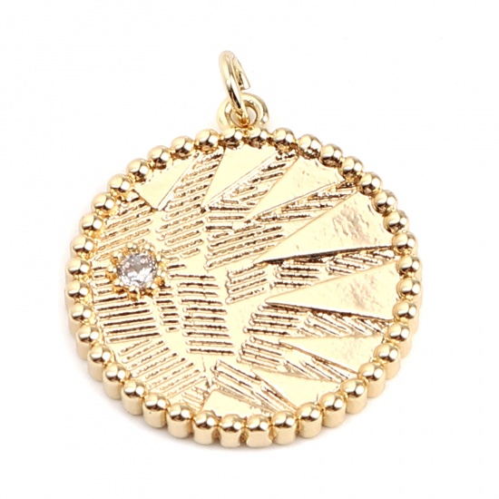 Imagen de Latón Colgantes Charms 18K Oro Real Chapado Ronda Hoja Transparente Rhinestone 29mm x 23mm, 2 Unidades