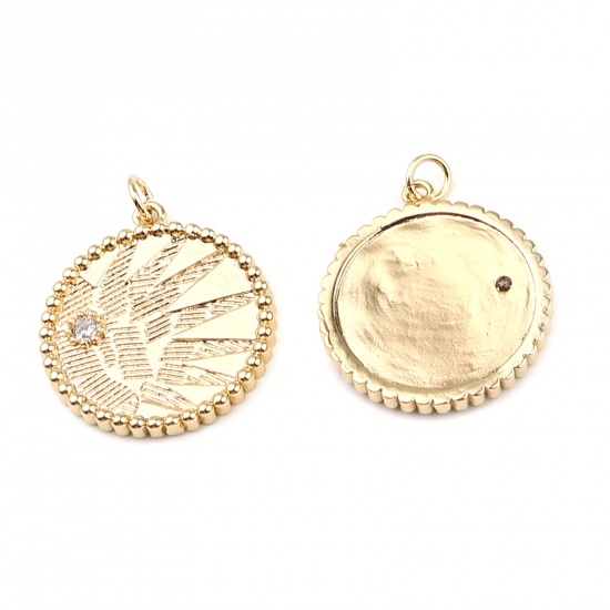 Imagen de Latón Colgantes Charms 18K Oro Real Chapado Ronda Hoja Transparente Rhinestone 29mm x 23mm, 2 Unidades