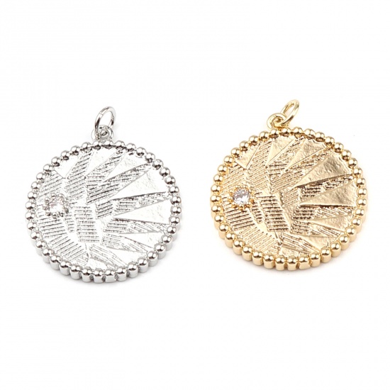 Imagen de Latón Colgantes Charms 18K Oro Real Chapado Ronda Hoja Transparente Rhinestone 29mm x 23mm, 2 Unidades