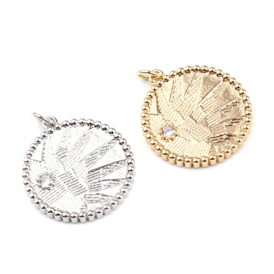 Imagen de Latón Colgantes Charms 18K Oro Real Chapado Ronda Hoja Transparente Rhinestone 29mm x 23mm, 2 Unidades