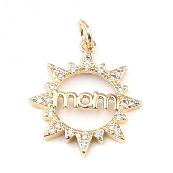Image de Breloques Micro Pave en Laiton Soleil Plaqué Or Véritable 18K Mots Gravés" Mom" à Strass Transparent 25mm x 19mm, 1 Pièce