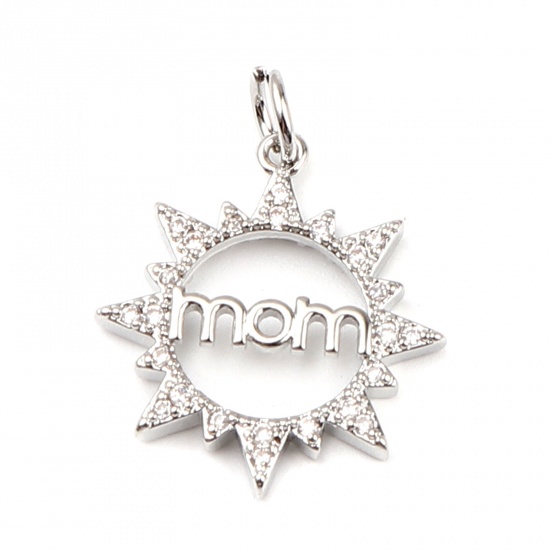 Image de Breloques Micro Pave en Laiton Soleil Plaqué Platine Véritable 18K Mots Gravés" Mom" à Strass Transparent 25mm x 19mm, 1 Pièce