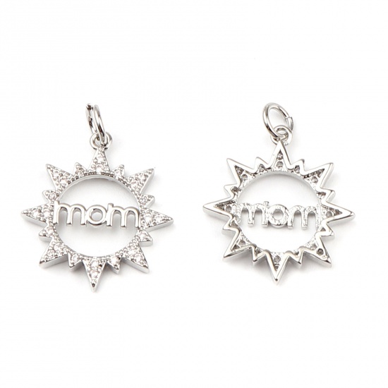Image de Breloques Micro Pave en Laiton Soleil Plaqué Platine Véritable 18K Mots Gravés" Mom" à Strass Transparent 25mm x 19mm, 1 Pièce