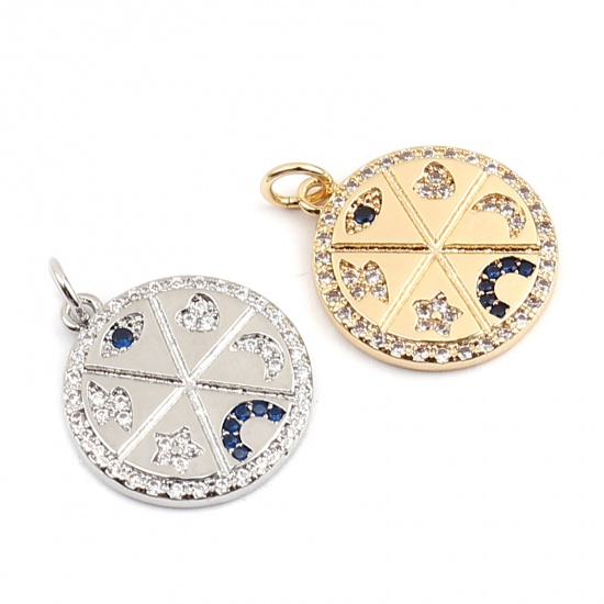 Picture of Brass Galaxy Charms 18K Real Platinum Plated Round Eye Micro Pave Clear & Blue Rhinestone 22mm x 17mm, 1 Piece