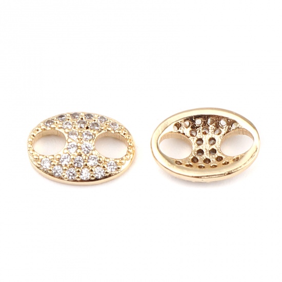 Picture of Brass Micro Pave Connectors Oval 18K Real Gold Plated Clear Rhinestone 10mm x 7mm, 2 PCs