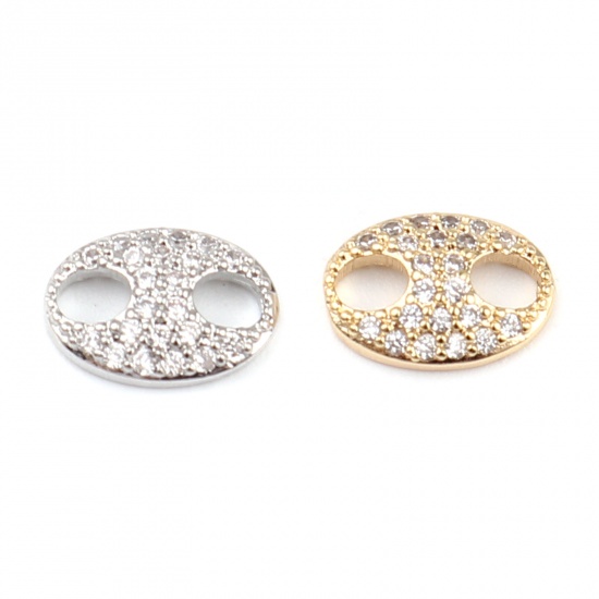 Picture of Brass Micro Pave Connectors Oval 18K Real Gold Plated Clear Rhinestone 10mm x 7mm, 2 PCs