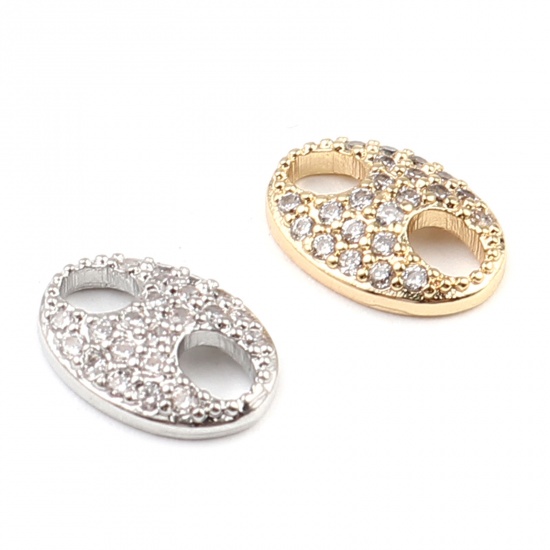 Picture of Brass Micro Pave Connectors Oval 18K Real Gold Plated Clear Rhinestone 10mm x 7mm, 2 PCs