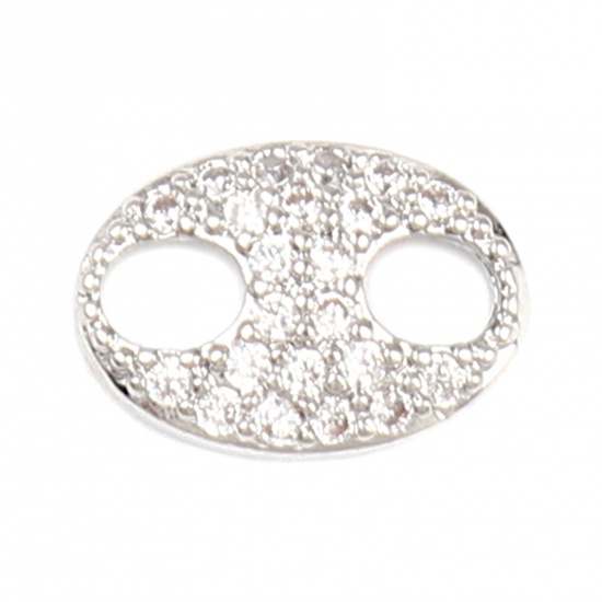 Picture of Brass Micro Pave Connectors Oval 18K Real Platinum Plated Clear Rhinestone 10mm x 7mm, 2 PCs