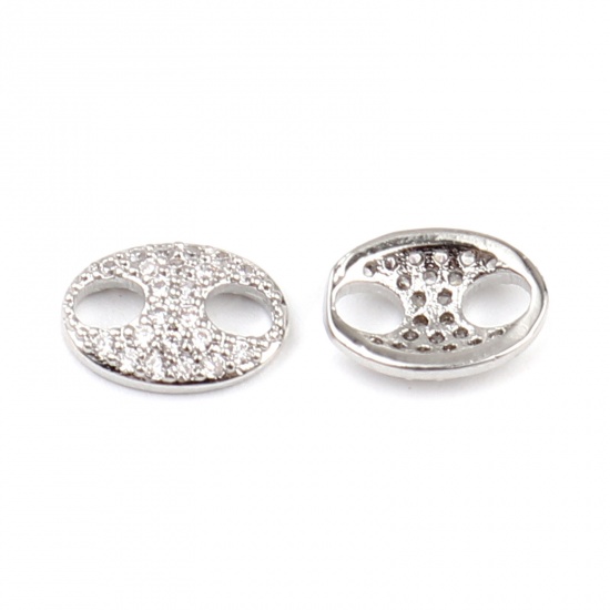 Picture of Brass Micro Pave Connectors Oval 18K Real Platinum Plated Clear Rhinestone 10mm x 7mm, 2 PCs