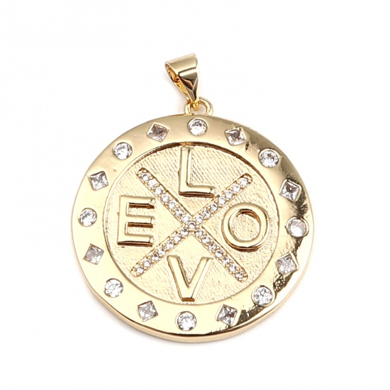 Image de Pendentifs Micro Pave en Laiton Rond Plaqué Or Véritable 18K Mots Gravés" LOVE" à Strass Transparent 35mm x 28mm, 1 Pièce