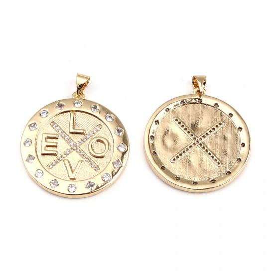 Image de Pendentifs Micro Pave en Laiton Rond Plaqué Or Véritable 18K Mots Gravés" LOVE" à Strass Transparent 35mm x 28mm, 1 Pièce