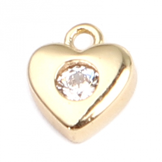 Picture of Brass Valentine's Day Charms 18K Real Gold Plated Heart Clear Rhinestone 8mm x 7mm, 5 PCs