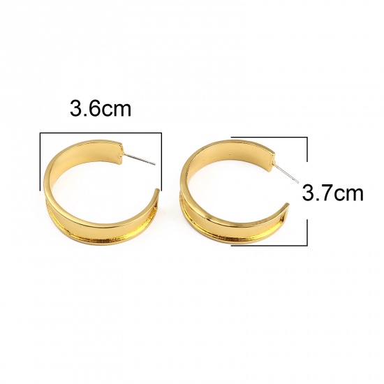 Picture of Cabochon Settings Hoop Earrings Findings C Shape Gold Plated (Fit 3.7cm x 0.7cm) 37mm x 9mm, Post/ Wire Size: (21 gauge), 1 Pair