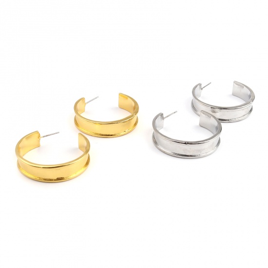 Picture of Cabochon Settings Hoop Earrings Findings C Shape Gold Plated (Fit 3.7cm x 0.7cm) 37mm x 9mm, Post/ Wire Size: (21 gauge), 1 Pair