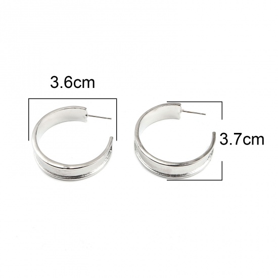 Picture of Cabochon Settings Hoop Earrings Findings C Shape Silver Tone (Fit 3.7cm x 0.7cm) 37mm x 9mm, Post/ Wire Size: (21 gauge), 1 Pair