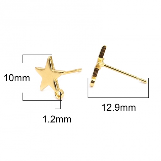 Picture of Zinc Based Alloy Ear Post Stud Earrings Findings Pentagram Star Gold Plated W/ Loop 10mm x 9mm, Post/ Wire Size: (21 gauge), 3 Pairs
