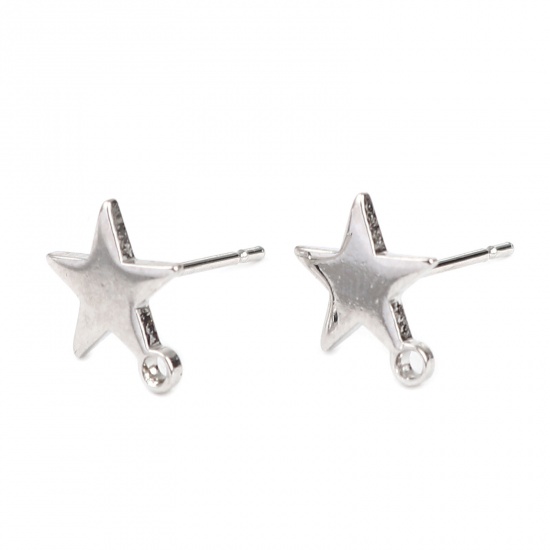 Picture of Zinc Based Alloy Ear Post Stud Earrings Findings Pentagram Star Silver Tone W/ Loop 10mm x 9mm, Post/ Wire Size: (21 gauge), 3 Pairs
