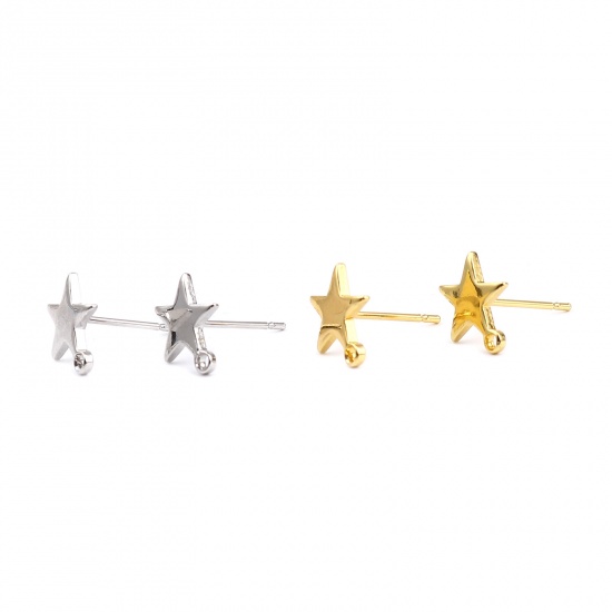 Picture of Zinc Based Alloy Ear Post Stud Earrings Findings Pentagram Star Silver Tone W/ Loop 10mm x 9mm, Post/ Wire Size: (21 gauge), 3 Pairs