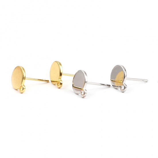 Picture of Zinc Based Alloy Cabochon Settings Ear Post Stud Earrings Findings Round Gold Plated Glue On W/ Loop (Fit 8mm Dia.) 10mm x 8mm, Post/ Wire Size: (21 gauge), 3 Pairs