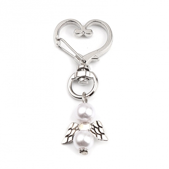 Picture of ABS Religious Keychain & Keyring Silver Tone White Angel Heart 58mm, 3 PCs