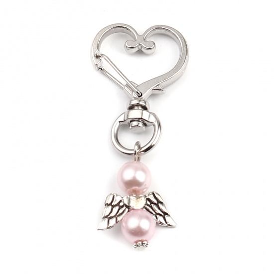 Picture of ABS Religious Keychain & Keyring Silver Tone Light Pink Angel Heart 58mm, 3 PCs
