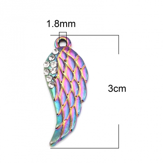 Immagine di Lega di Zinco Charms Ali Colore Arcobaleno Placcato Trasparente Strass 30mm x 11mm , 5 Pz