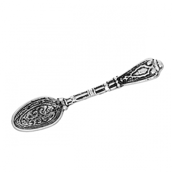 Picture of Zinc Based Alloy 3D Pendants Spoon Tableware Antique Silver Pattern Carved 43mm(1 6/8") x 10mm( 3/8"), 50 PCs