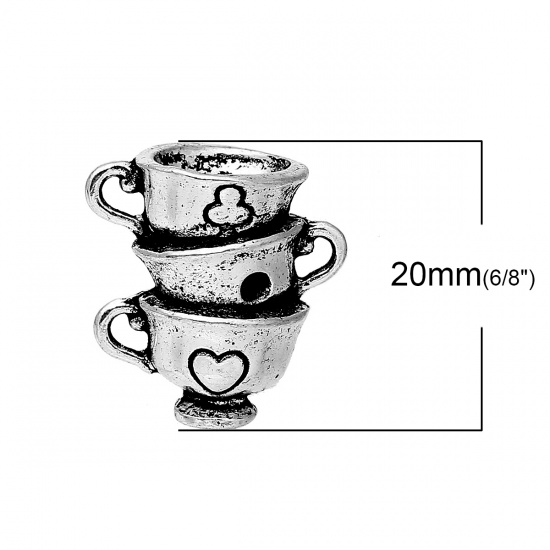 Image de Pendentifs en Alliage de Zinc 3D Tasse Argent Vieilli (Apparié à Strass de ss12) Cœur 20mm x 19mm, 5 Pcs