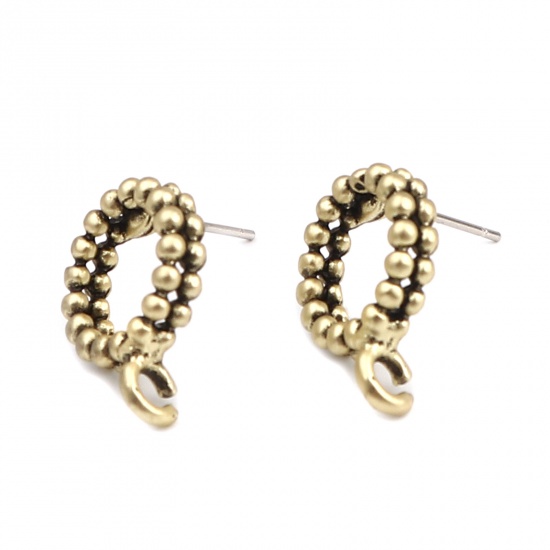 Picture of Zinc Based Alloy Ear Post Stud Earrings Findings Circle Ring Gold Tone Antique Gold W/ Loop 17mm x 13mm, Post/ Wire Size: (21 gauge), 10 PCs