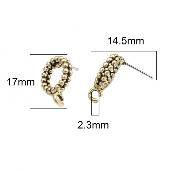 Picture of Zinc Based Alloy Ear Post Stud Earrings Findings Circle Ring Gold Tone Antique Gold W/ Loop 17mm x 13mm, Post/ Wire Size: (21 gauge), 10 PCs