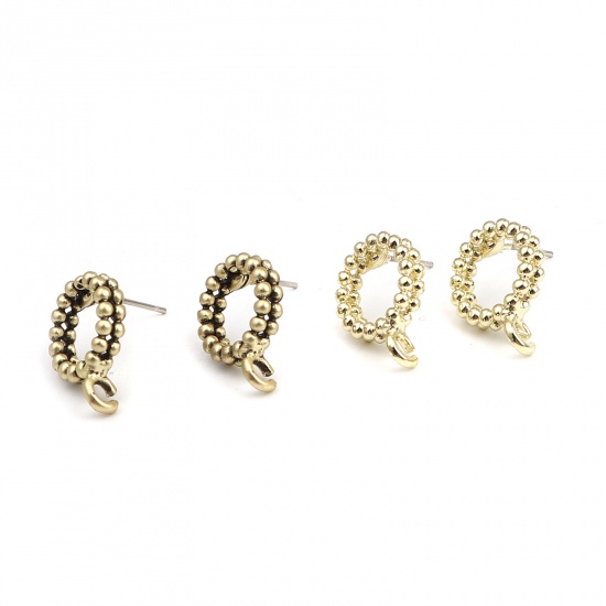 Picture of Zinc Based Alloy Ear Post Stud Earrings Findings Circle Ring Gold Tone Antique Gold W/ Loop 17mm x 13mm, Post/ Wire Size: (21 gauge), 10 PCs